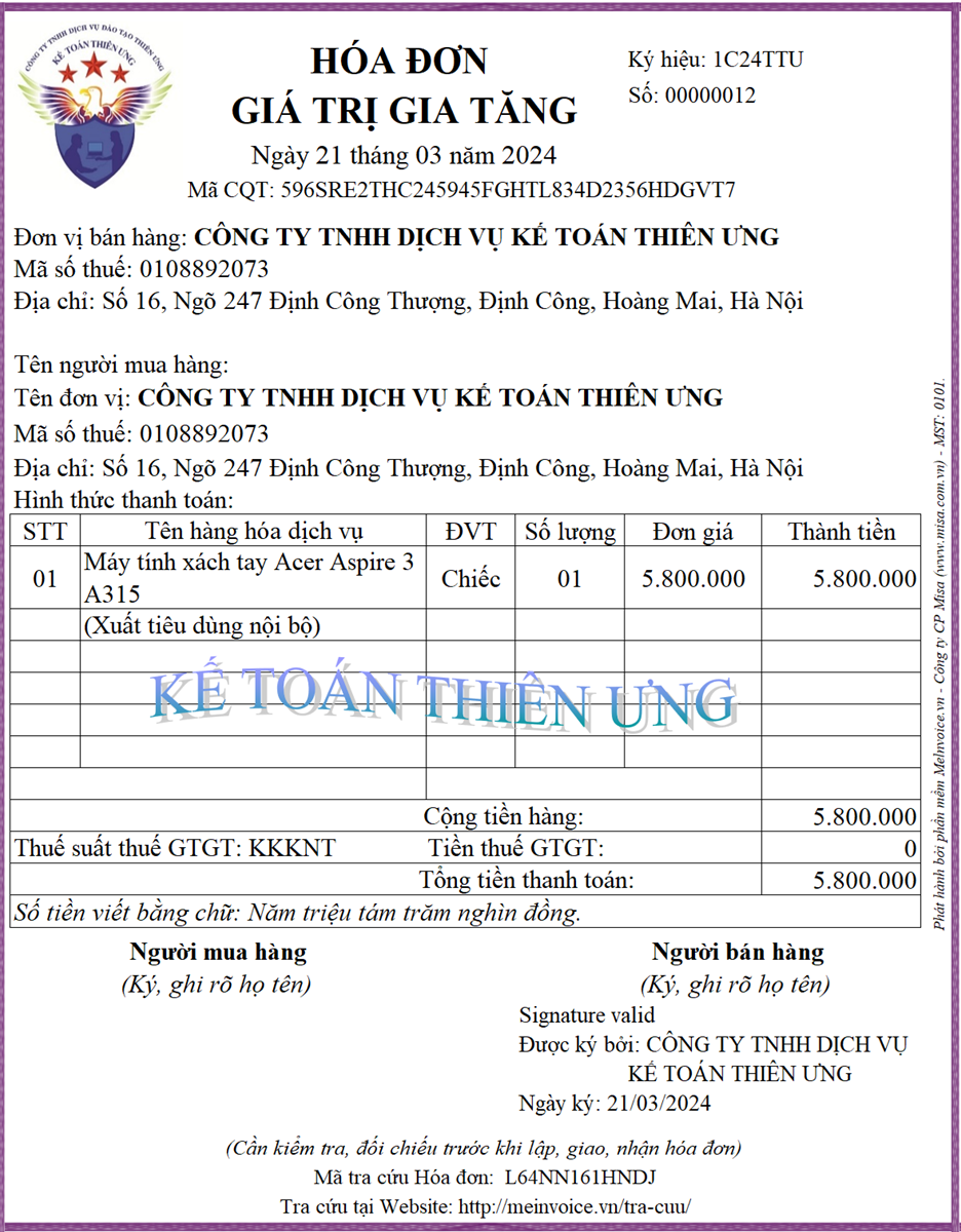 Mẫu hóa đơn điện tử không kê khai nộp thuế GTGT