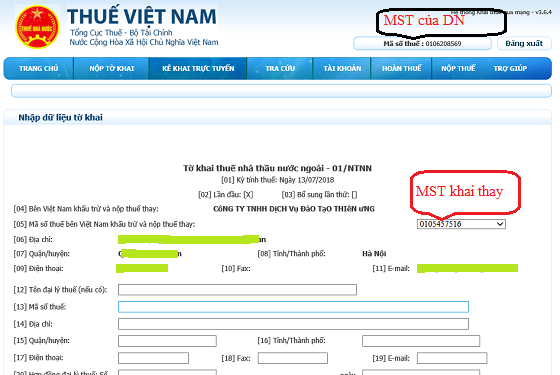 hướng dẫn kê khai thuế nhà thầu trực tuyến
