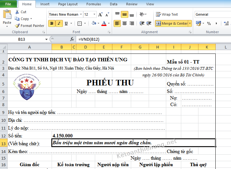 lập công thức số tiền bằng chữ trong excel