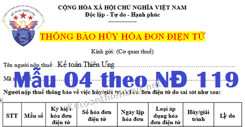mẫu 04 hủy hóa đơn điện tử mẫu 04 hủy hóa đơn điện tử