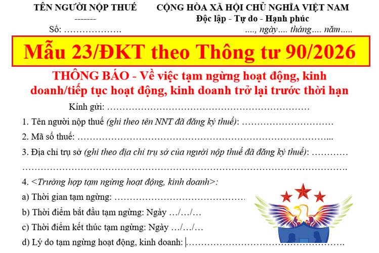 Mẫu 23/ĐKT theo thông tư 90/2026 đăng ký tạm ngừng kinh doanh