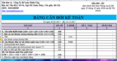 Mẫu bảng cân đối kế toán Excel theo thông tư 200