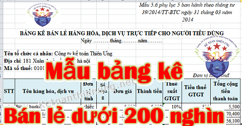 Mẫu bảng kê bán hàng cho khách lẻ dưới 200 nghìn