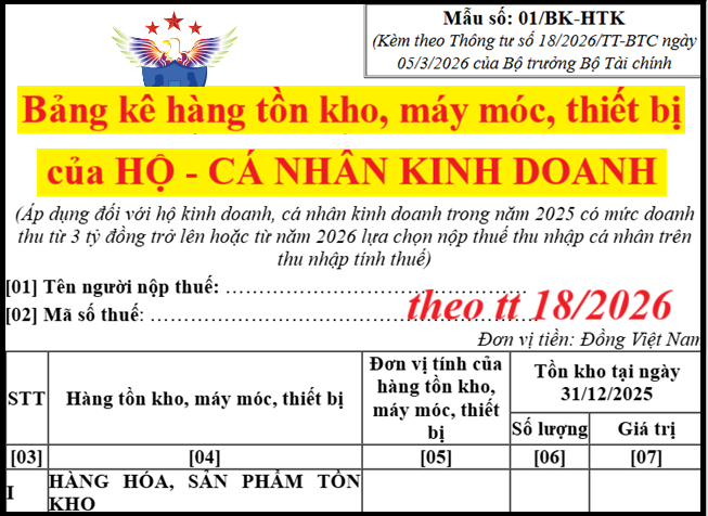 Mẫu Bảng kê hàng tồn kho của hộ kinh doanh theo Thông tư 18
