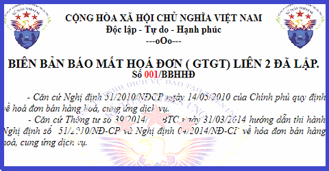 mẫu biên bản mất hóa đơn liên 2