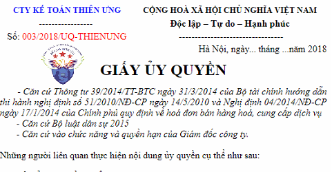 mẫu giấy uỷ quyền ký hoá đơn GTGT