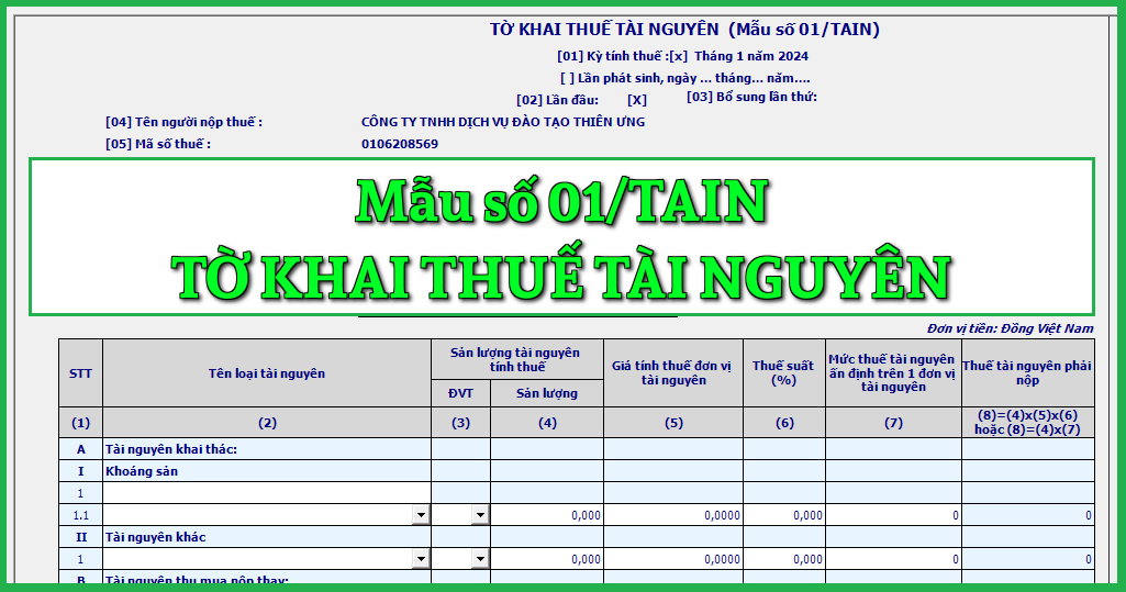 Mẫu số 01/TAIN Tờ khai thuế tài nguyên theo TT 80/2021 Mẫu số 01/TAIN Tờ khai thuế tài nguyên theo TT 80/2021