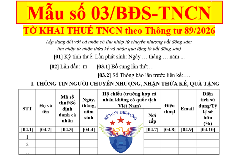 Mẫu số 03/BĐS-TNCN TT89/2026 Tờ khai thuế TNCN từ bất động sản