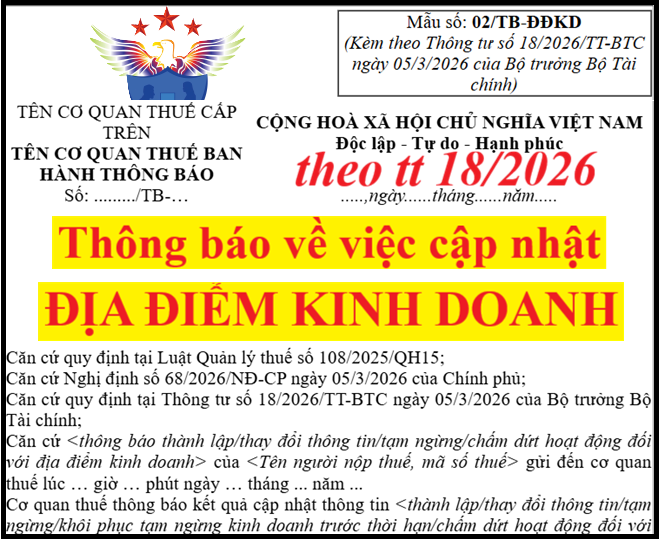 Mẫu 02/TB-ĐĐKD theo Thông tư số 18/2026/TT-BTC