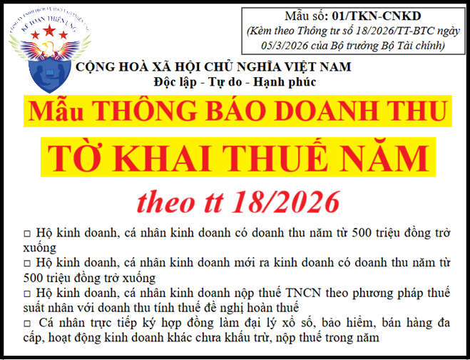 Mẫu Thông báo doanh thu, Tờ khai thuế năm theo Thông tư 18
