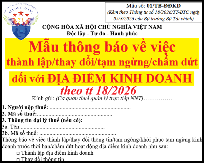 Mẫu 01/TB-ĐĐKD theo Thông tư 18/2026/TT-BTC