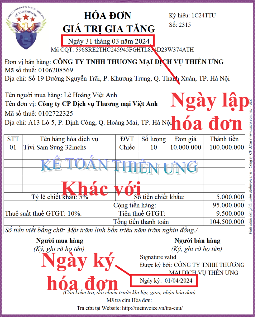 ngày lập và ngày ký hóa đơn khác nhau