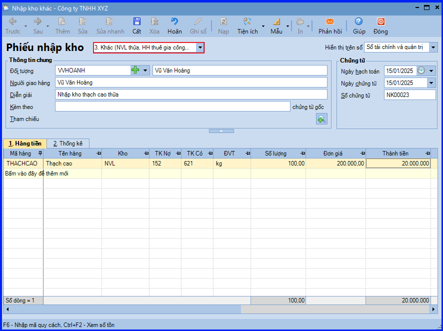 Nhập kho nguyên vật liệu dùng cho sản xuất không sử dụng hết trên Misa 1