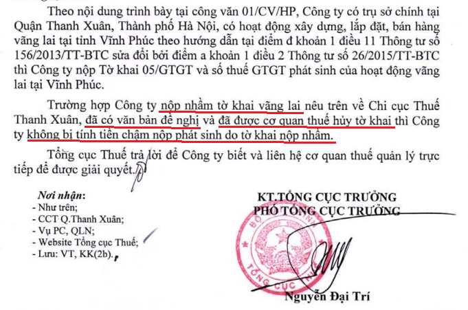 nộp nhầm tờ khai thuế vãng lai