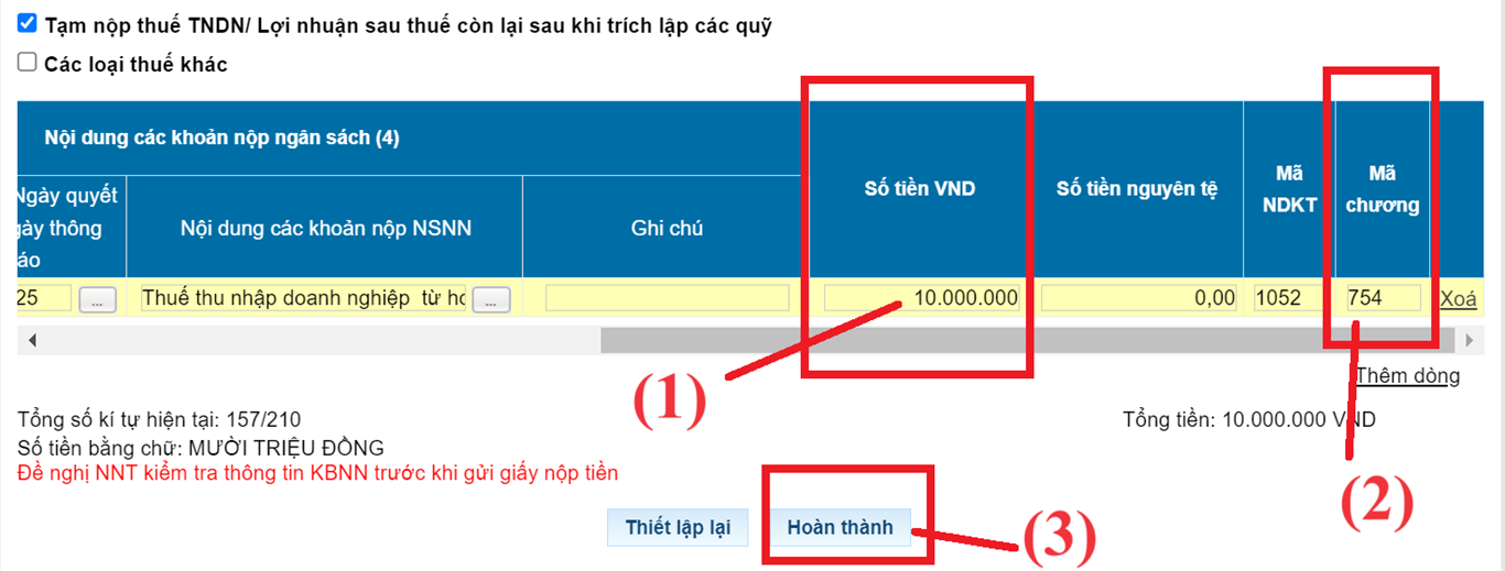 Nhập số tiền thuế TNDN muốn nộp