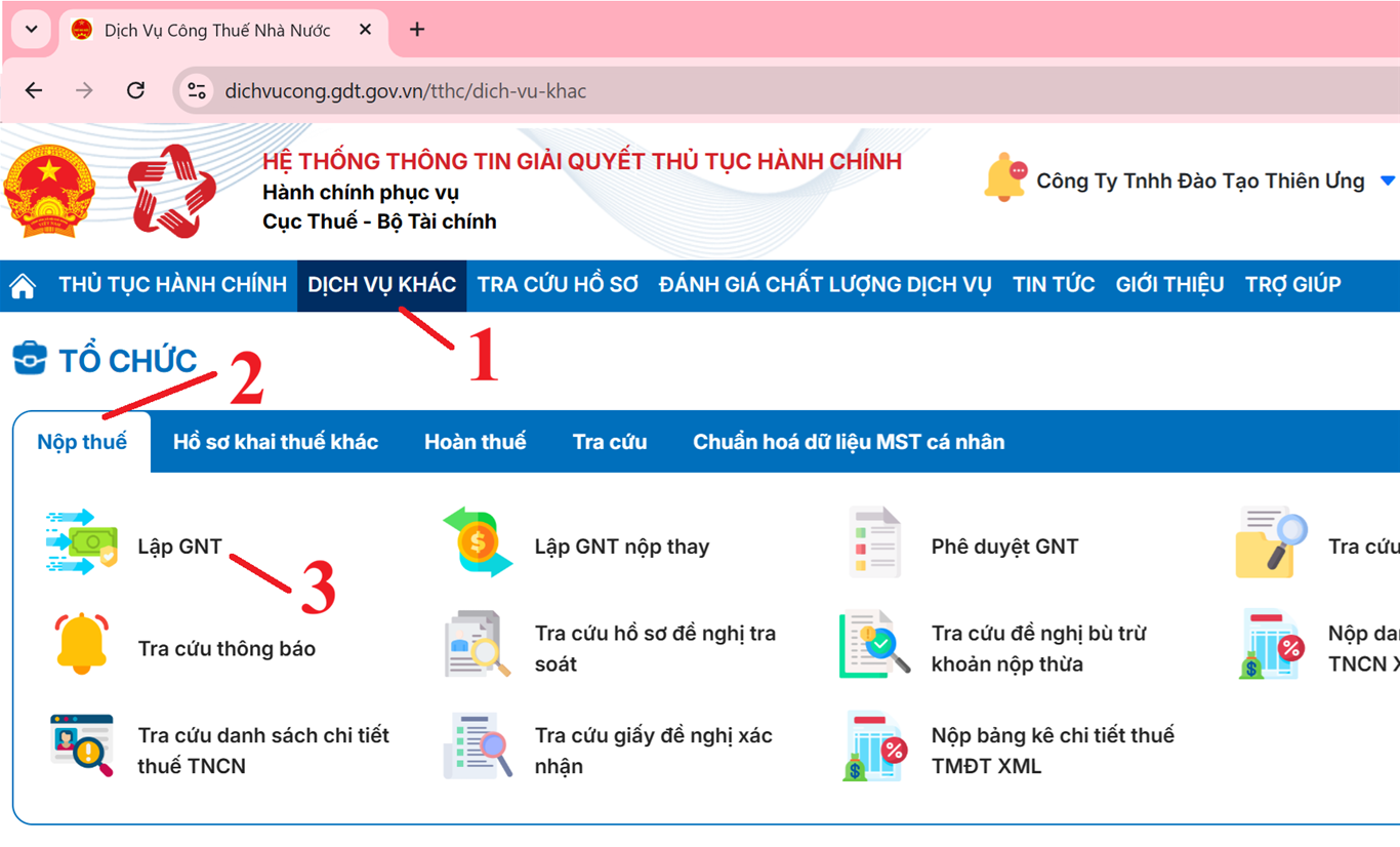 Chọn chức năng lập giấy nộp tiền