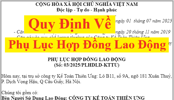 Quy định về phục lục hợp đồng lao động