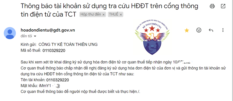 Thông báo tài khoản sử dụng tra cứu hóa đơn điện tử