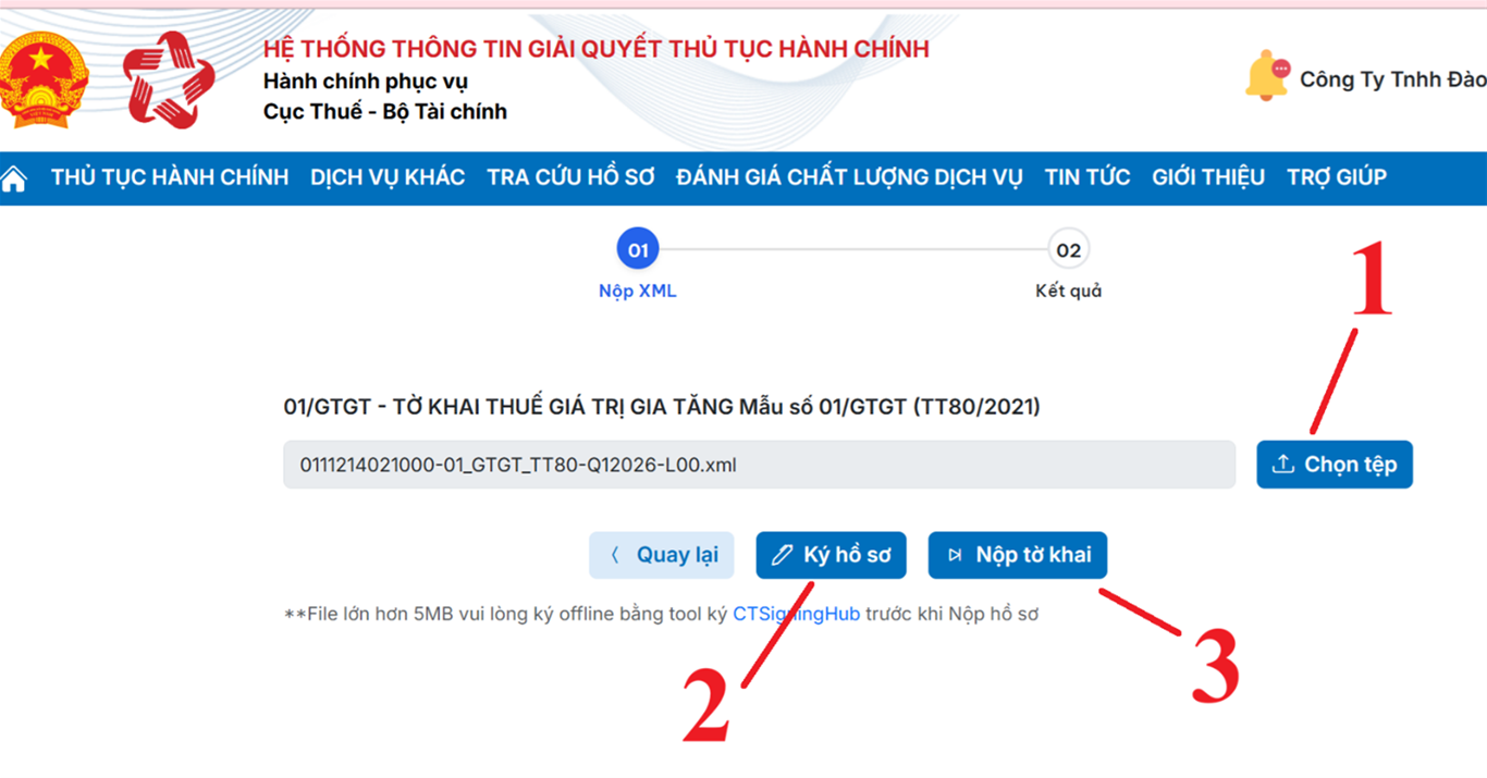 Tải tờ khai thuế lên Hệ thống Dịch Vụ Công