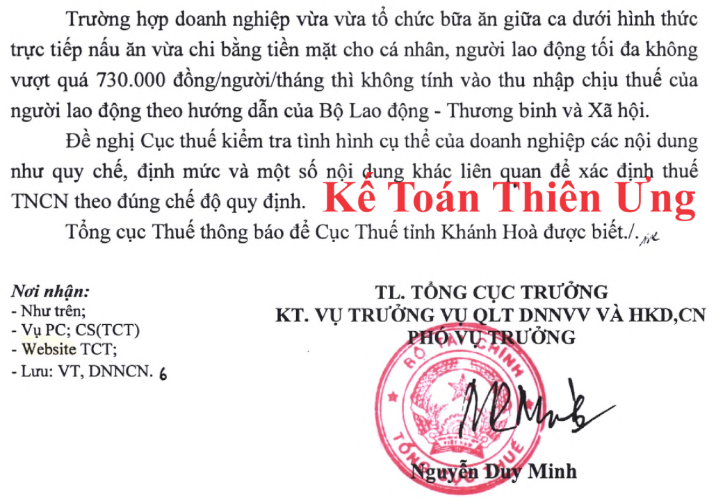 Thuế TNCN đối với khoản tiền ăn