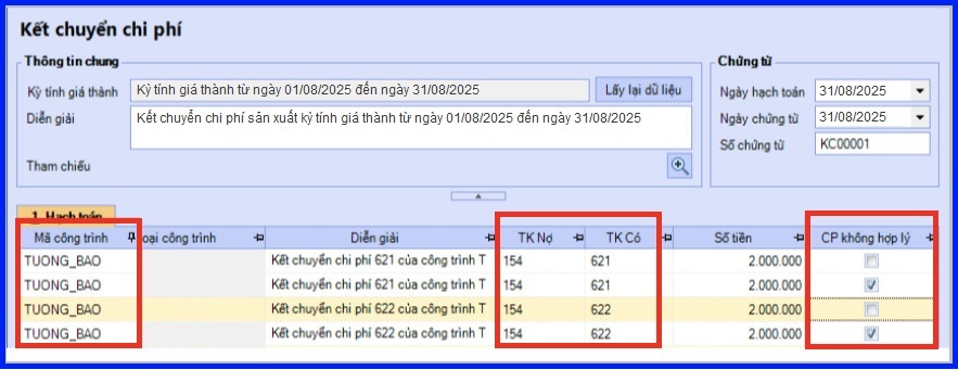 Cách tính giá thành theo công trình vụ việc trên Misa theo Thông tư 200 18
