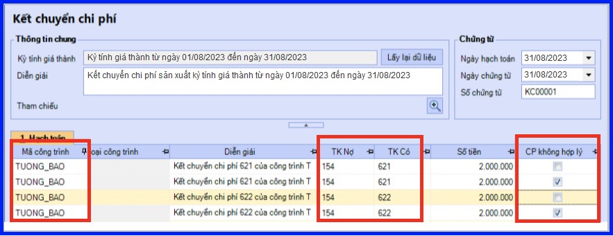 Cách tính giá thành theo công trình vụ việc trên Misa theo Thông tư 200 18