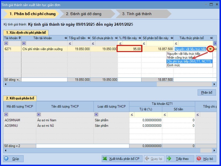 Cách tính giá thành theo phương pháp giản đơn trên Misa theo Thông tư 200 16