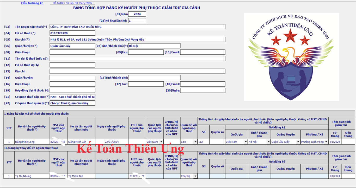 Tờ khai đăng ký người phụ thuộc theo mẫu 02TH Tờ khai đăng ký người phụ thuộc theo mẫu 02TH