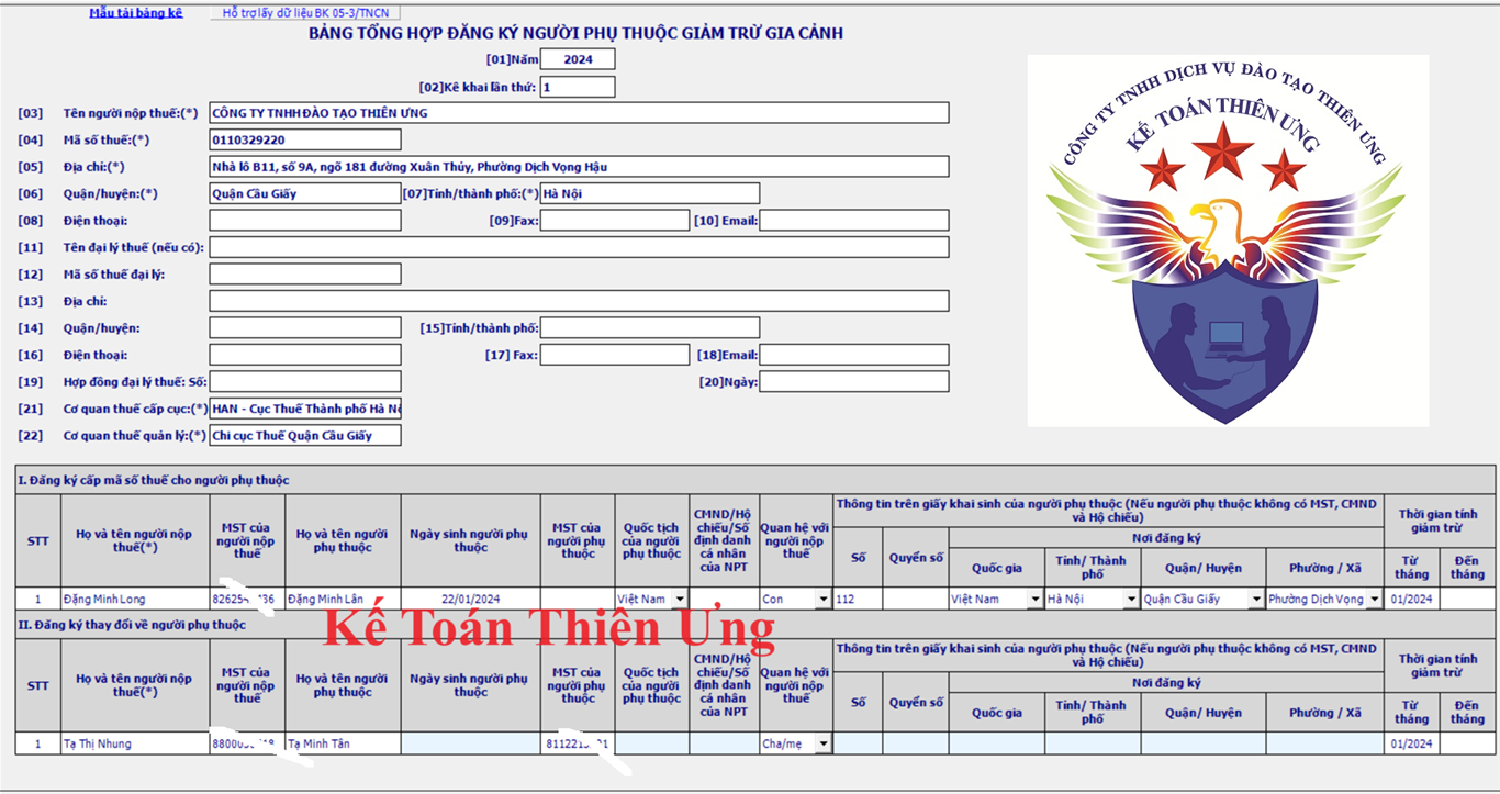 Tờ khai đăng ký người phụ thuộc theo mẫu 02TH