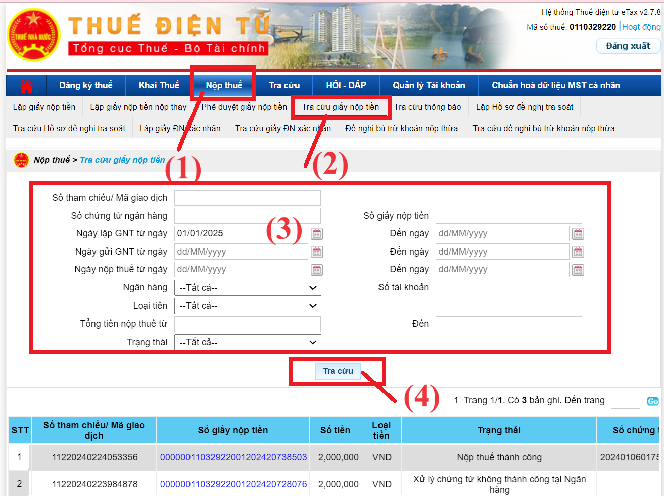 Tra cứu giấy nộp tiền lệ phí môn bài qua mạng trên trang thudientu