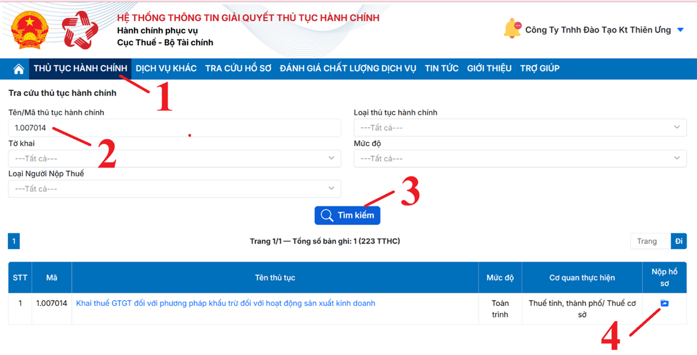 Tra cứu mã thủ tục hành chính chứa tờ khai cần nộp