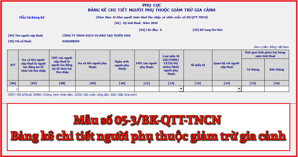 Mẫu số 05-3/BK-QTT-TNCN bảng kê chi tiết người phụ thuộc giảm trừ gia cảnh