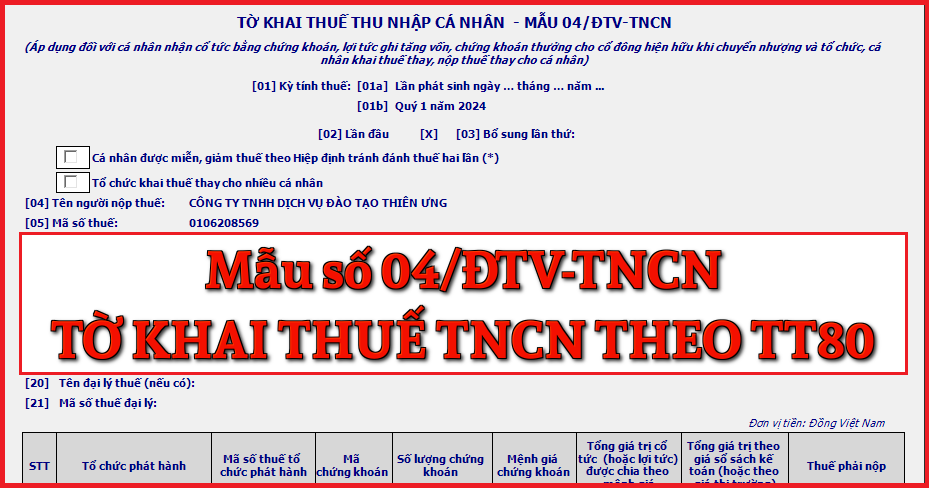 Mẫu số 04/ĐTV-TNCN Tờ khai thuế thu nhập cá nhân theo TT 80/2021